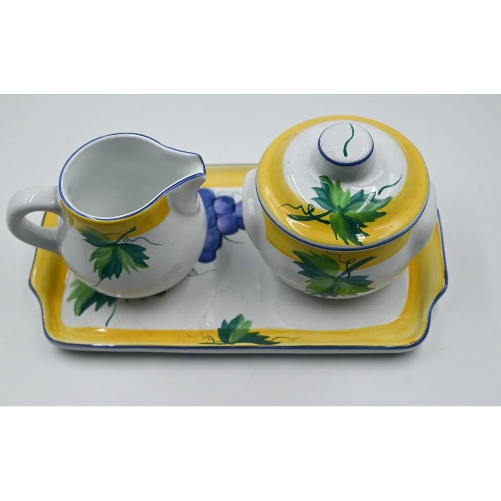 Present Tense Home Artistry Cream Sugar Set with Tray Handpainted Hungary Grapes